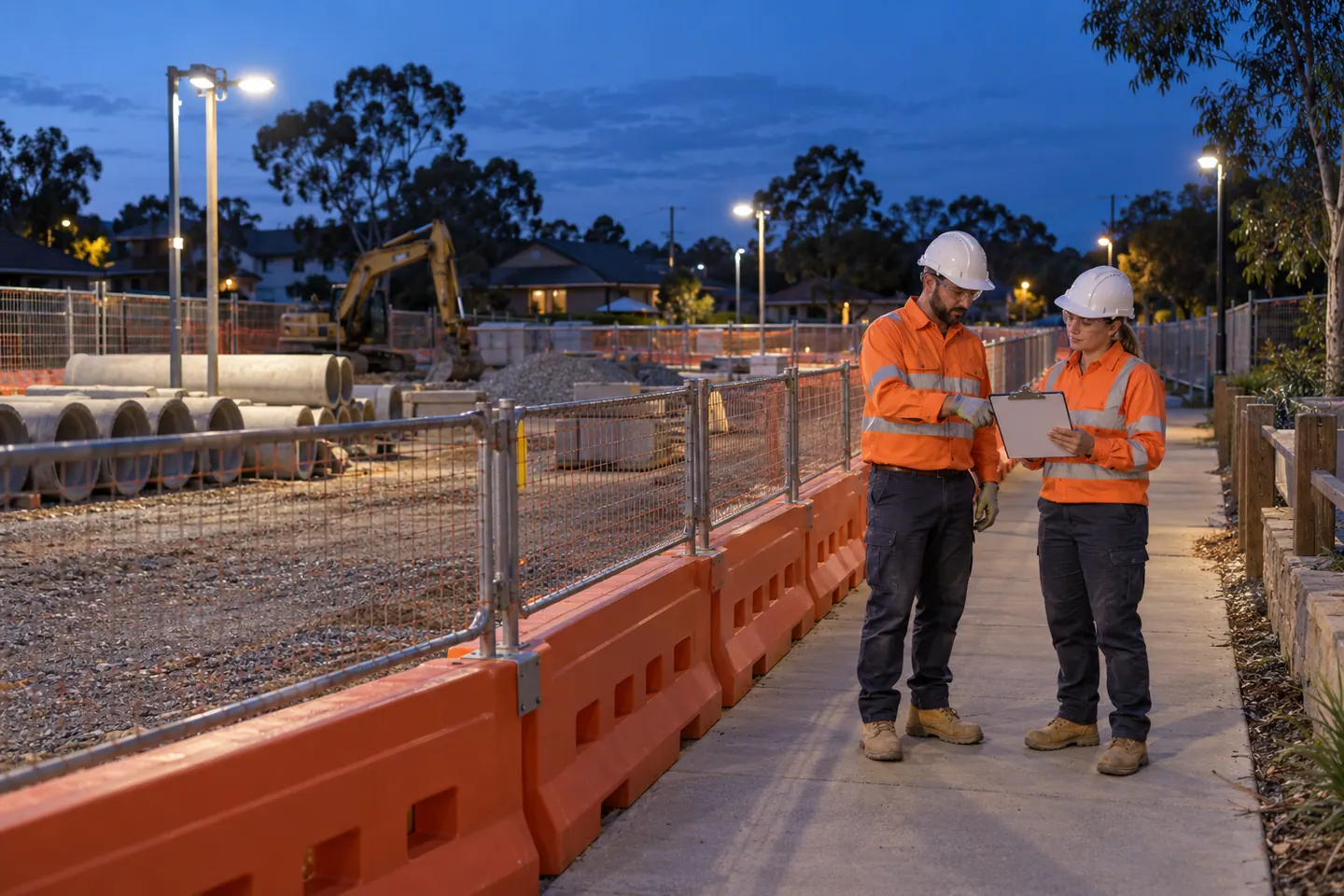 A civil supervisor plans construction night works at a paused work area.