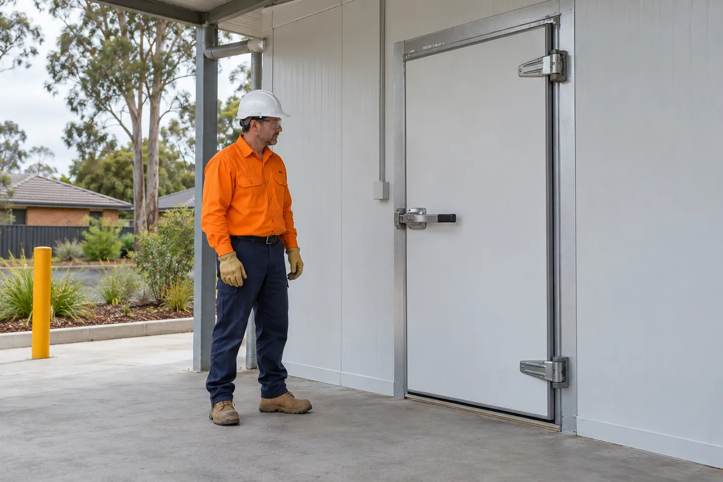A fictional refrigeration technician stands beside a closed cool-room door.