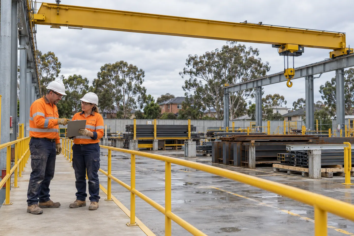 A lifting supervisor plans crane overhead bridge gantry at a paused work area.