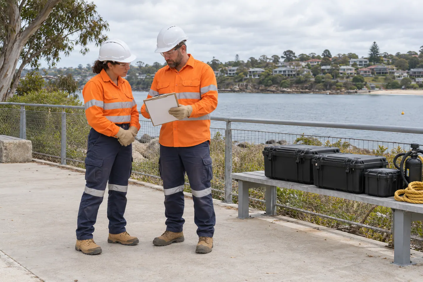 Two workers review a clipboard beside equipment cases in a dry waterside staging area.