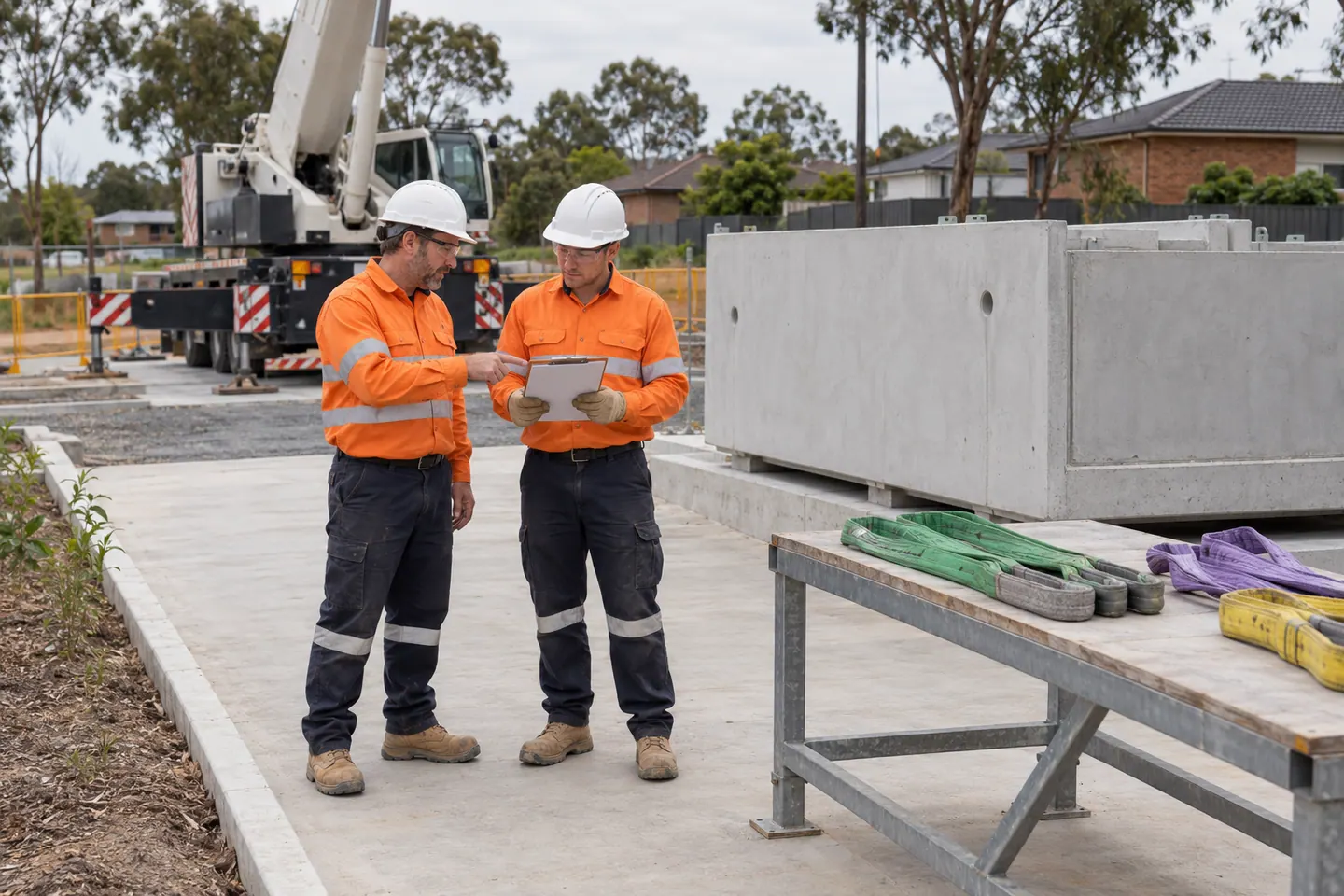 Two lifting-crew workers review slings resting on a side bench.