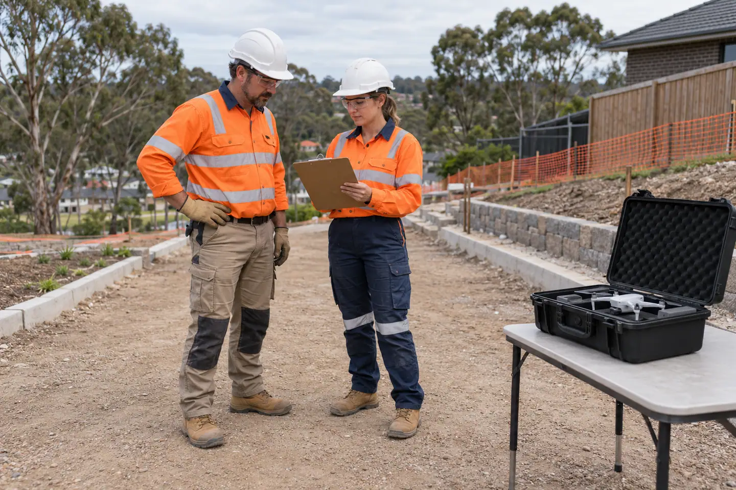 A survey technician plans drone at a paused work area.