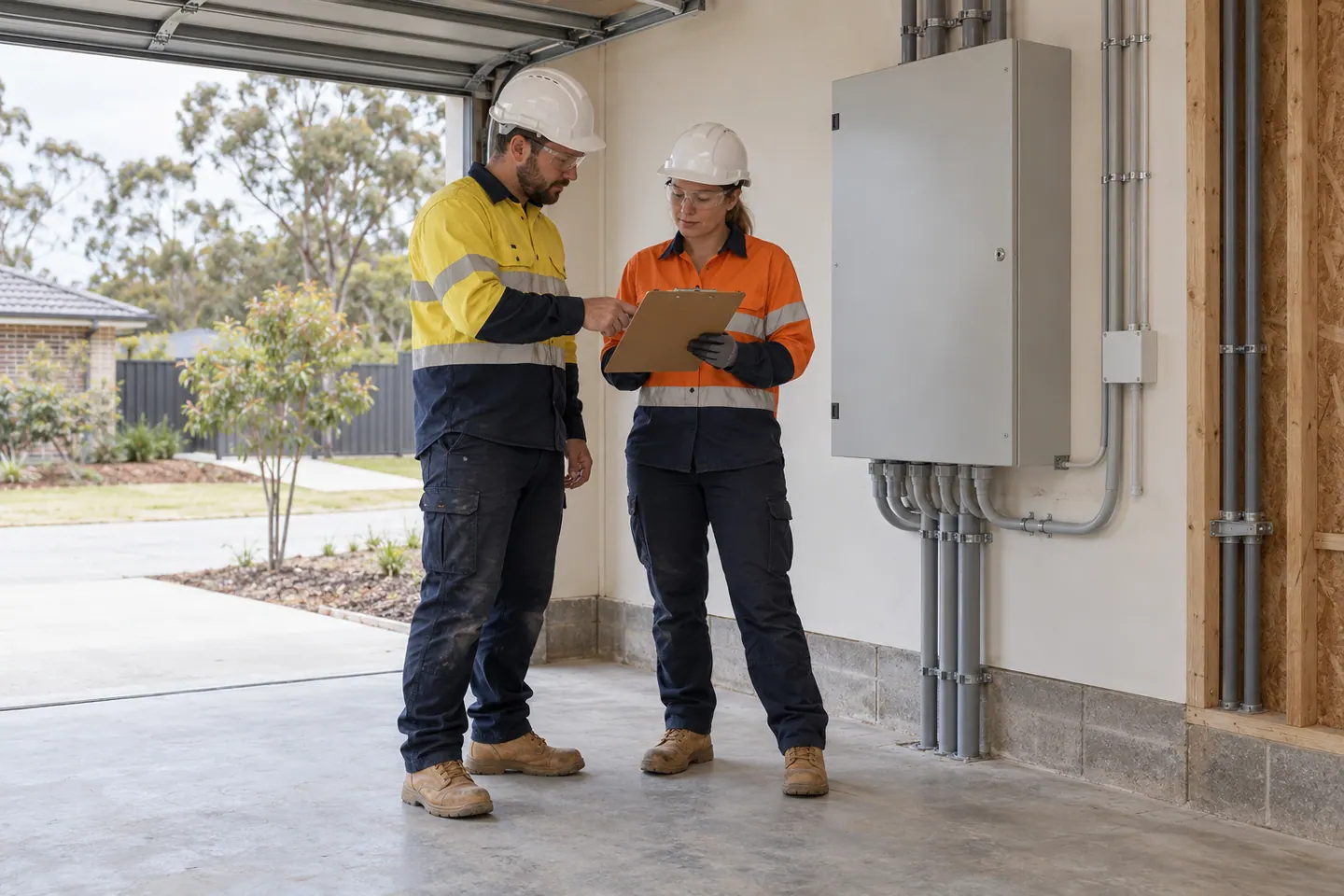 A electrician plans electrical new installation at a paused work area.