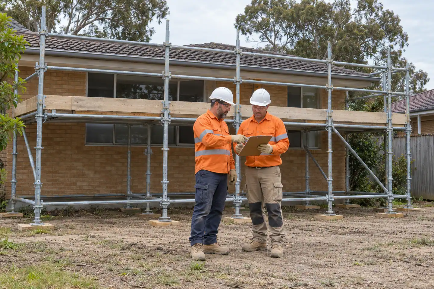 A scaffold supervisor plans erecting fixed scaffold at a paused work area.