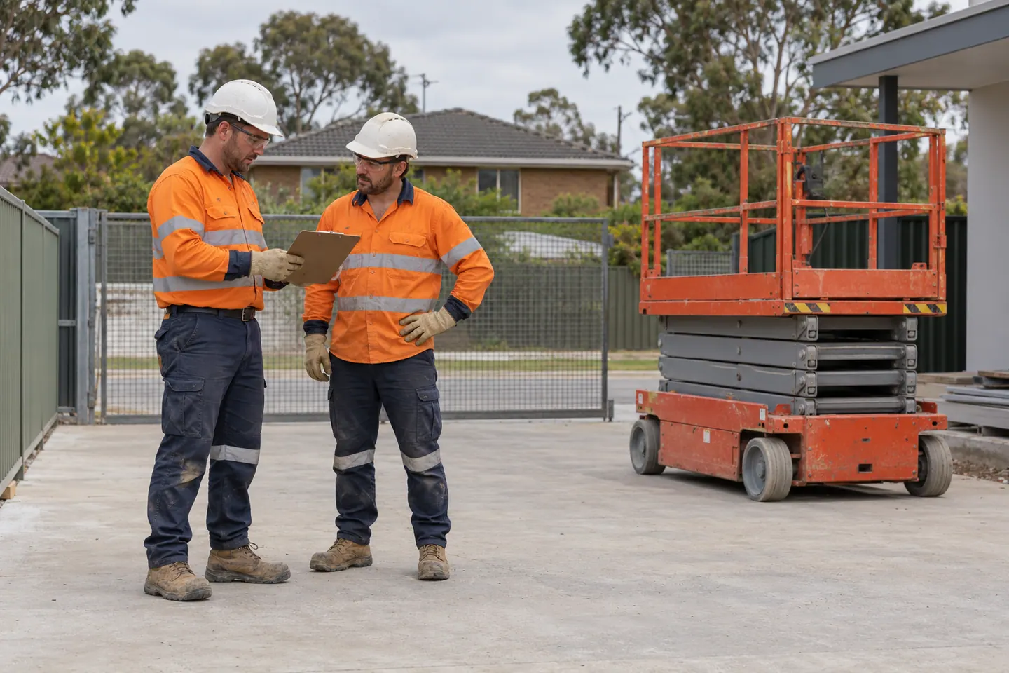 Two workers plan elevated work beside a lowered empty scissor lift.