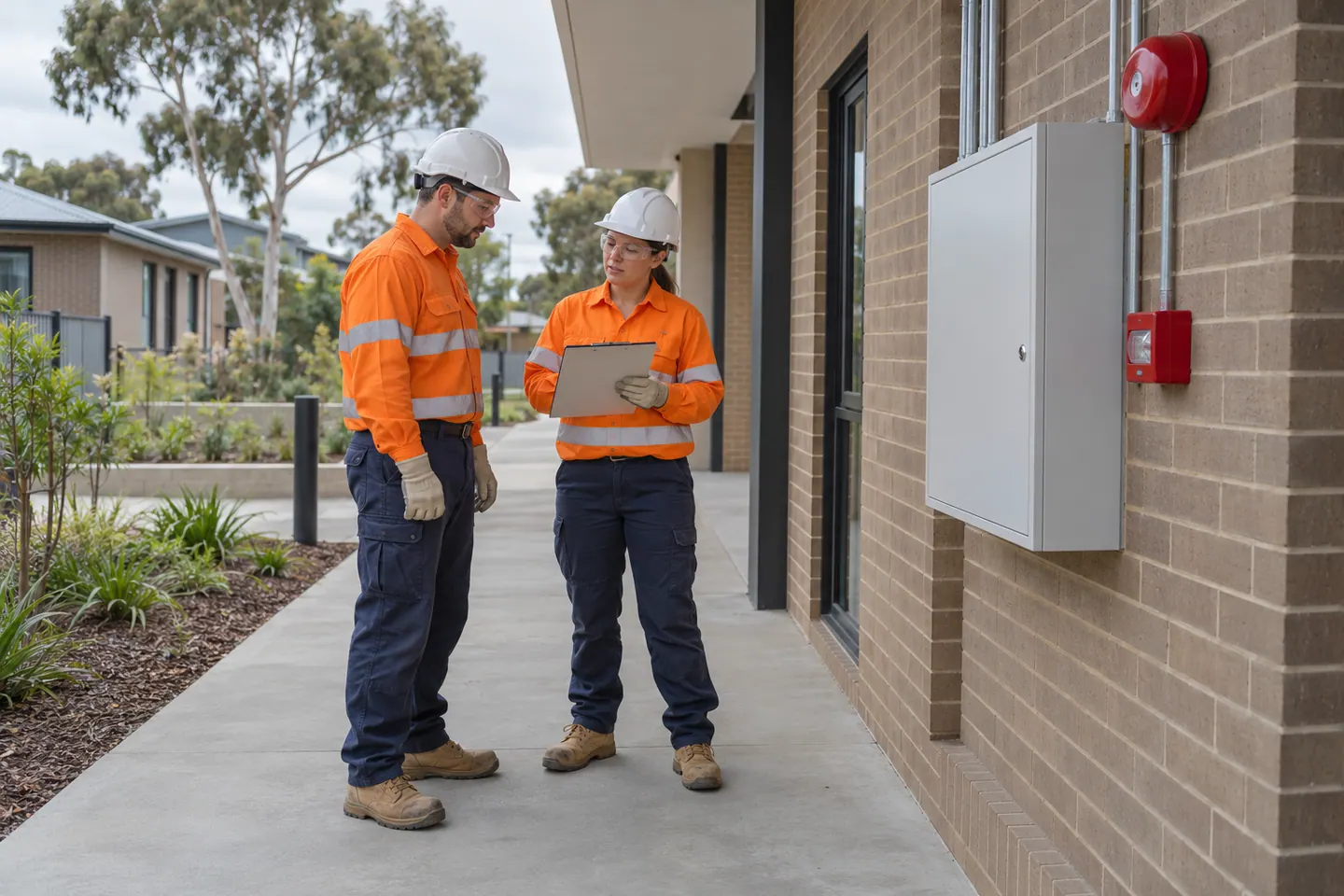 Two fire-services workers discuss a clipboard beside a closed fire-panel enclosure.