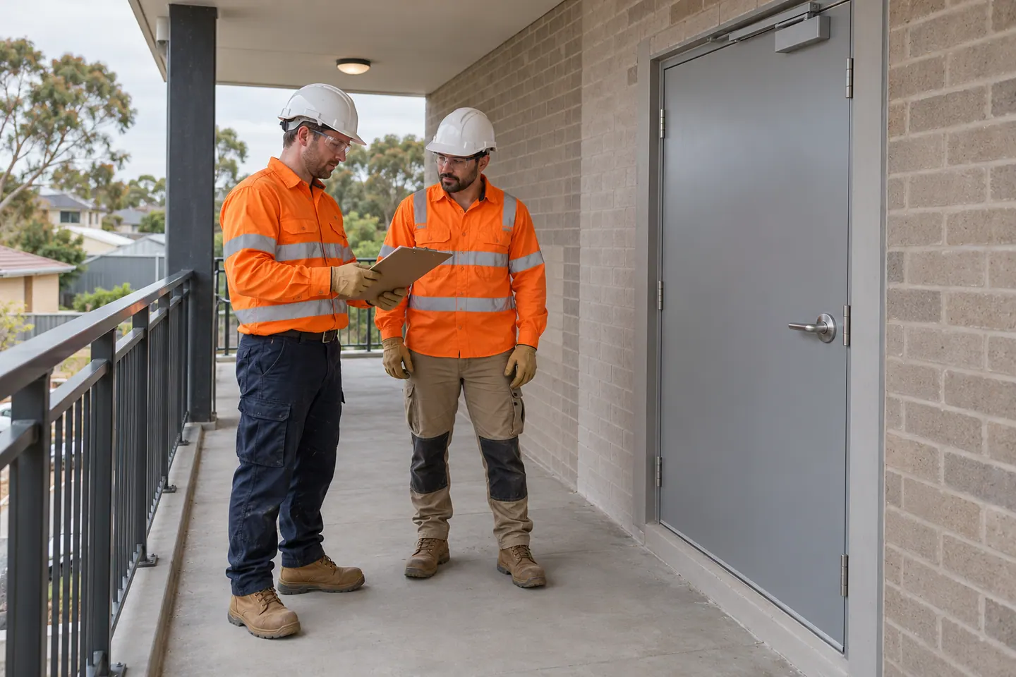 Two installers review a clipboard beside a closed plain door.