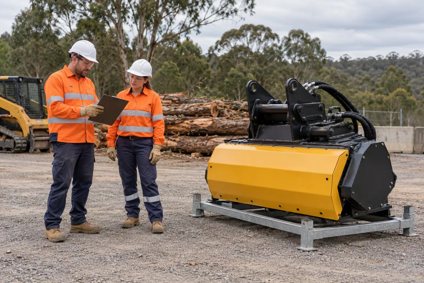 A plant operator plans forest mulcher attachment at a paused work area.