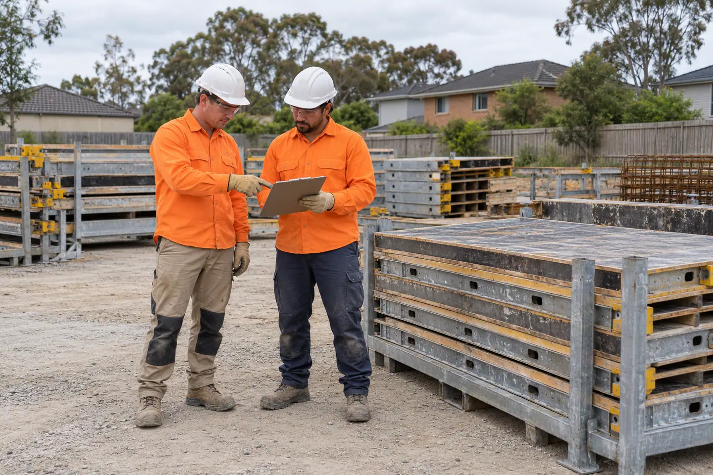 A formwork supervisor plans formwork decks columns stairs at a paused work area.
