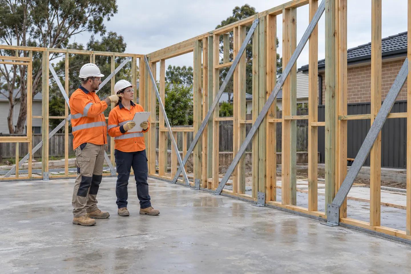 A carpenter plans framing and trusses timber steel at a paused work area.