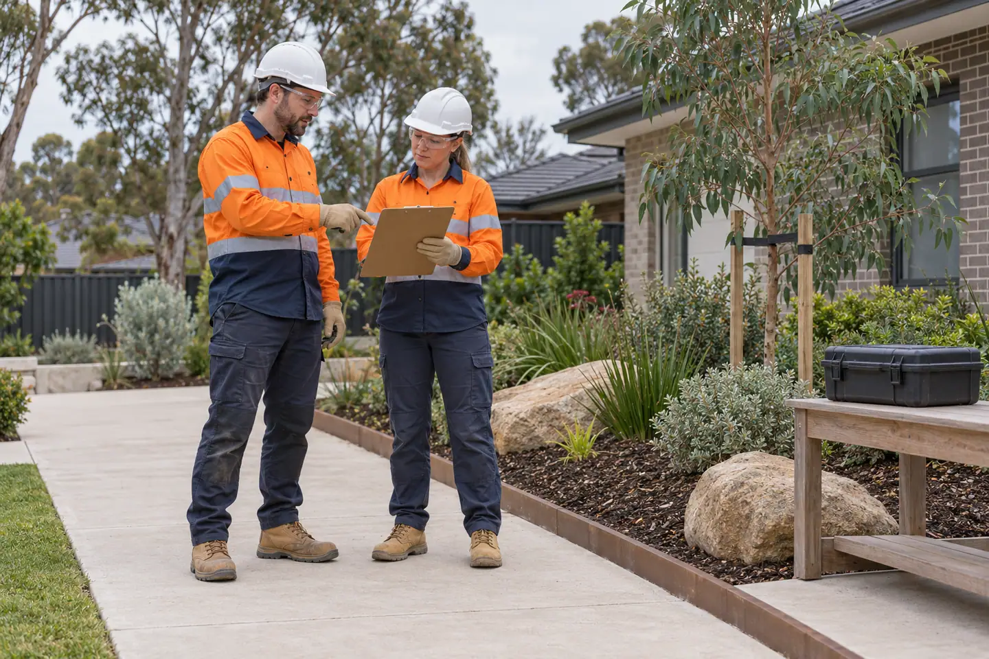 Two landscapers review a clipboard beside a finished garden bed.