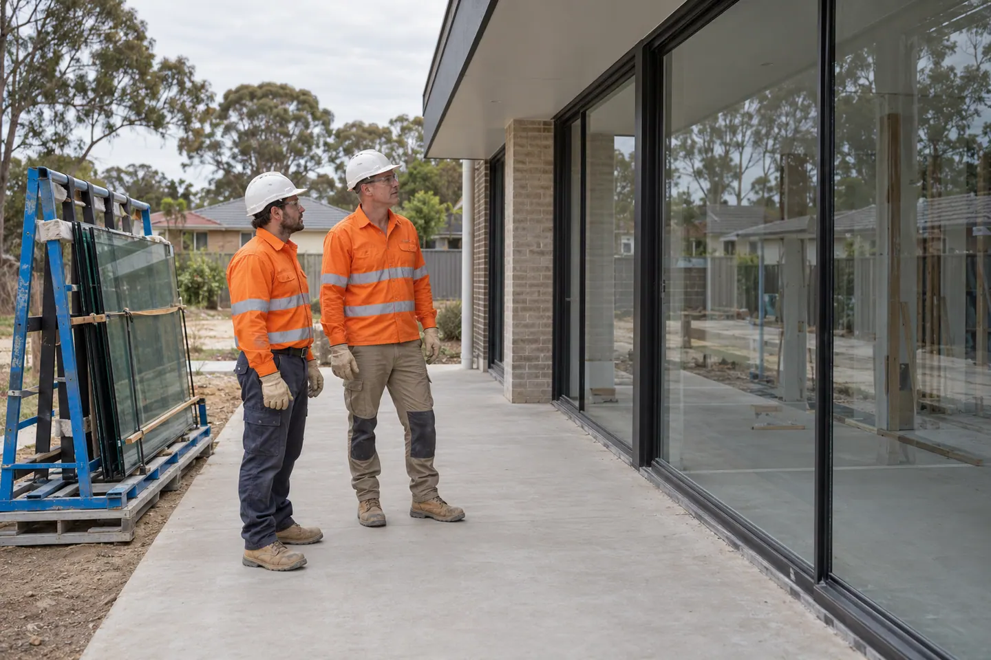 A glazing supervisor plans glazing structural at a paused work area.