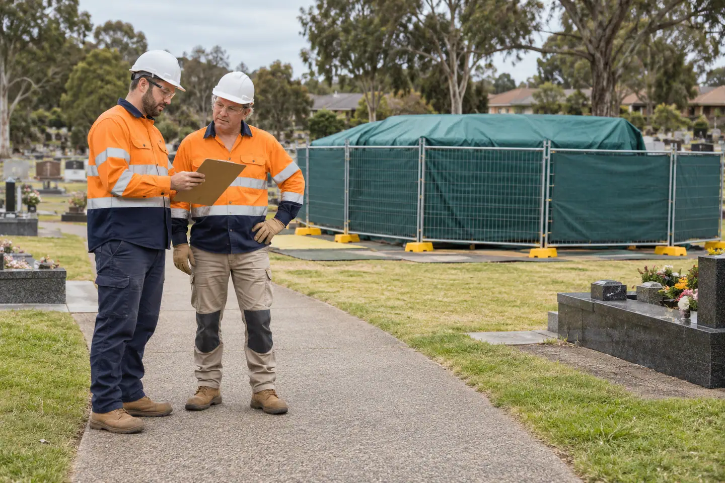 A grounds supervisor plans grave preparation at a paused work area.