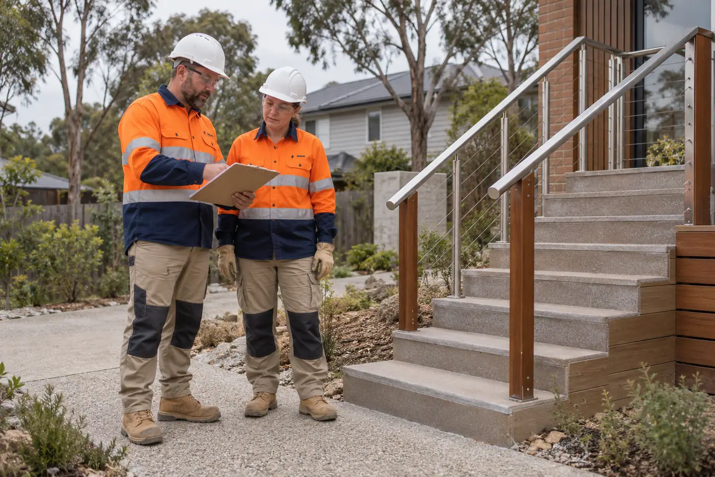 A carpenter plans handrail installation at a paused work area.