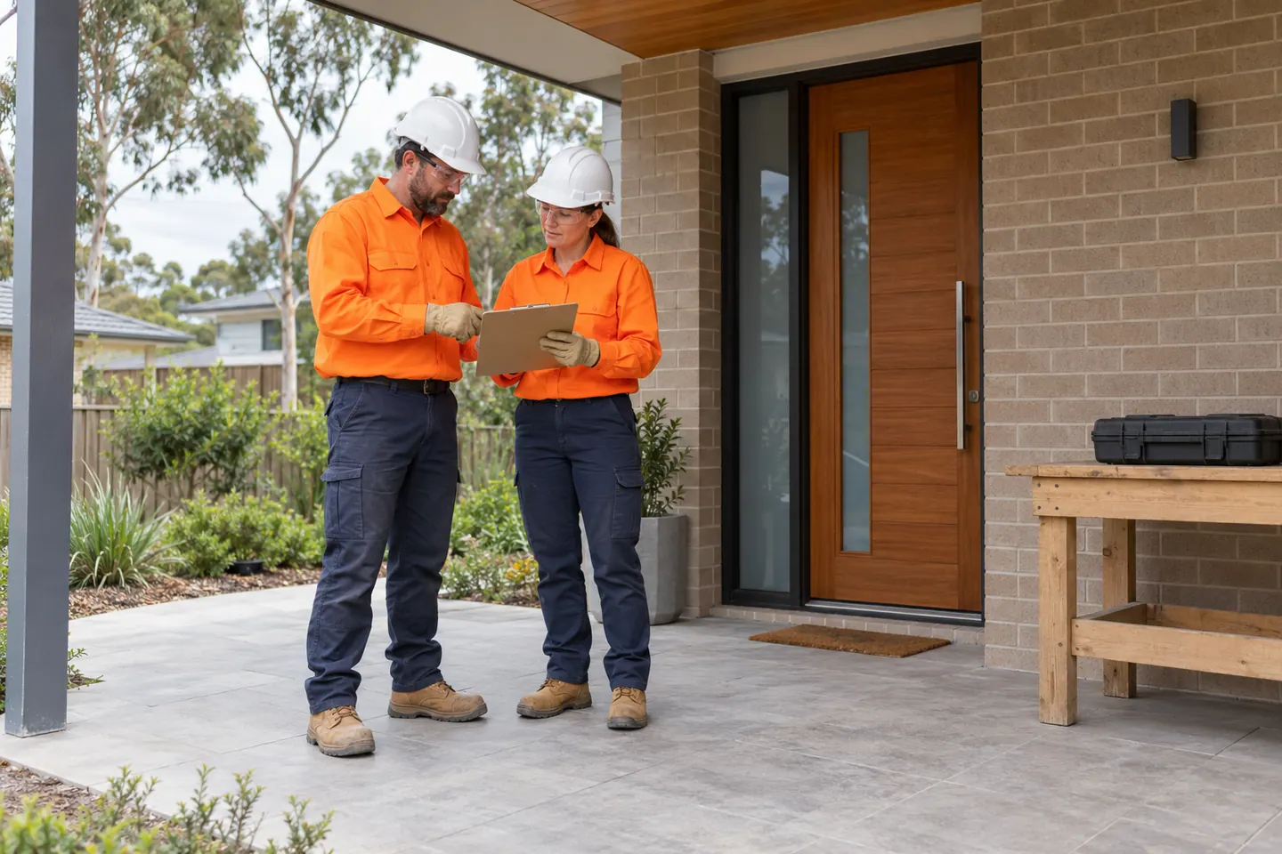 Two fictional maintenance workers review a clipboard on a residential patio.