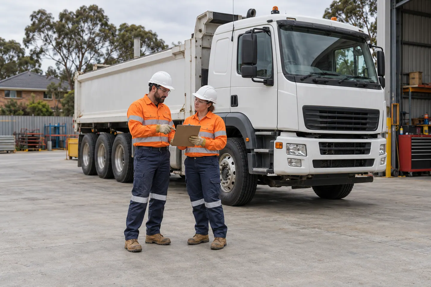 Two technicians review a clipboard beside a parked cab-over tipper.