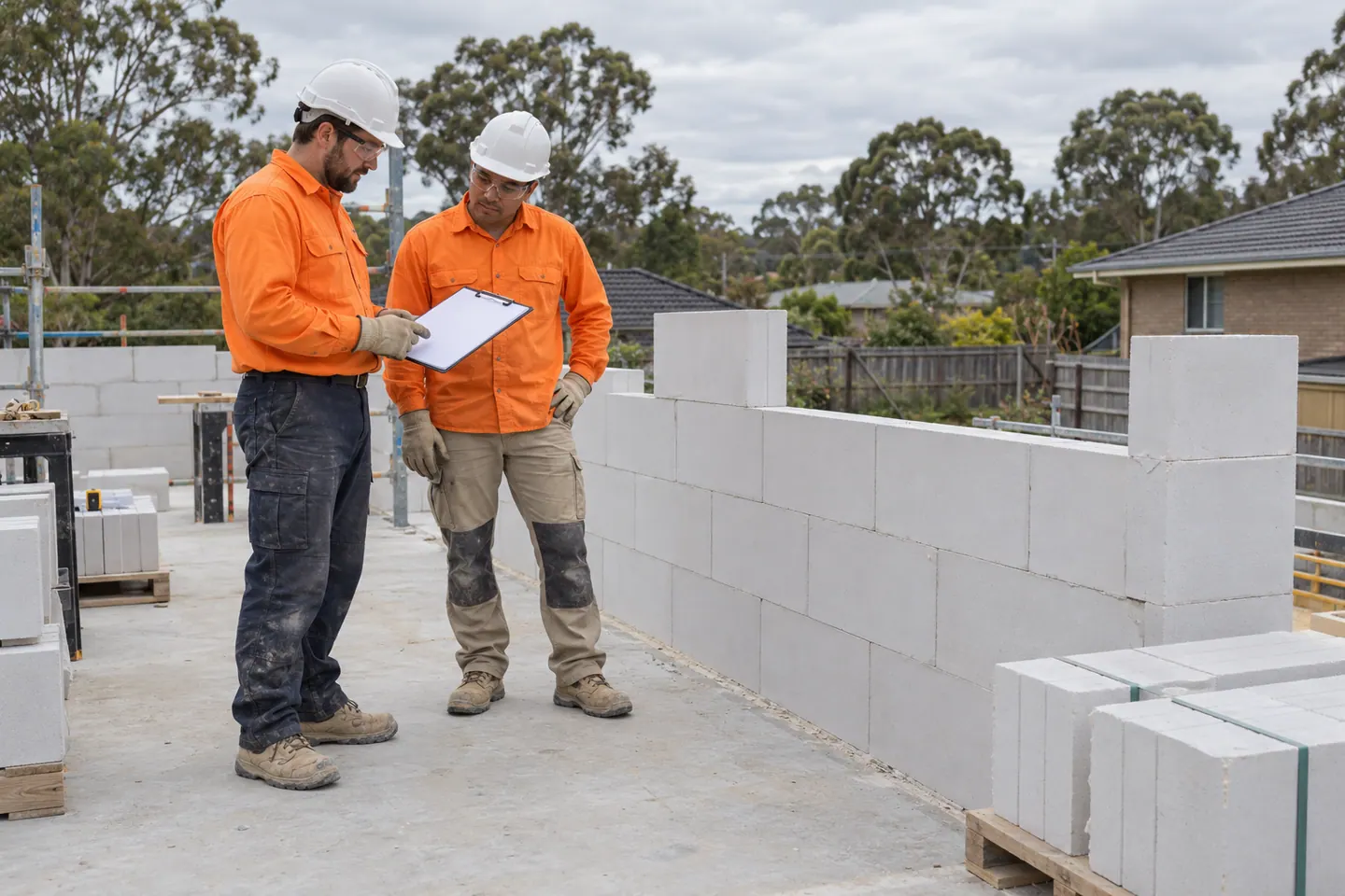 A masonry installer plans hebel construction at a paused work area.