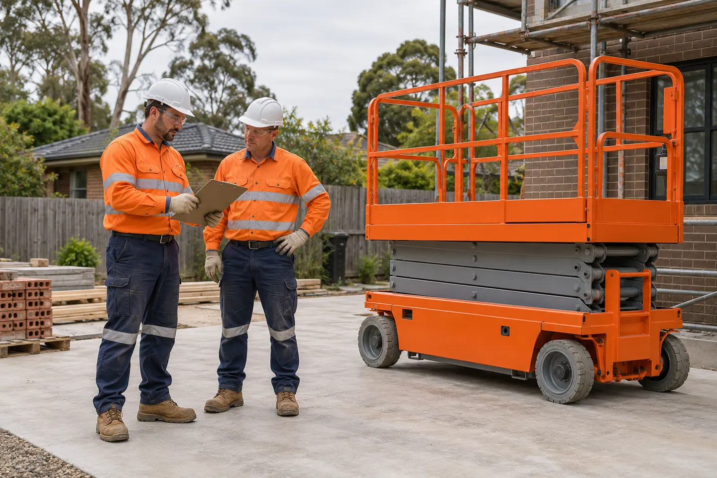 Two workers pause beside an empty lowered access platform.