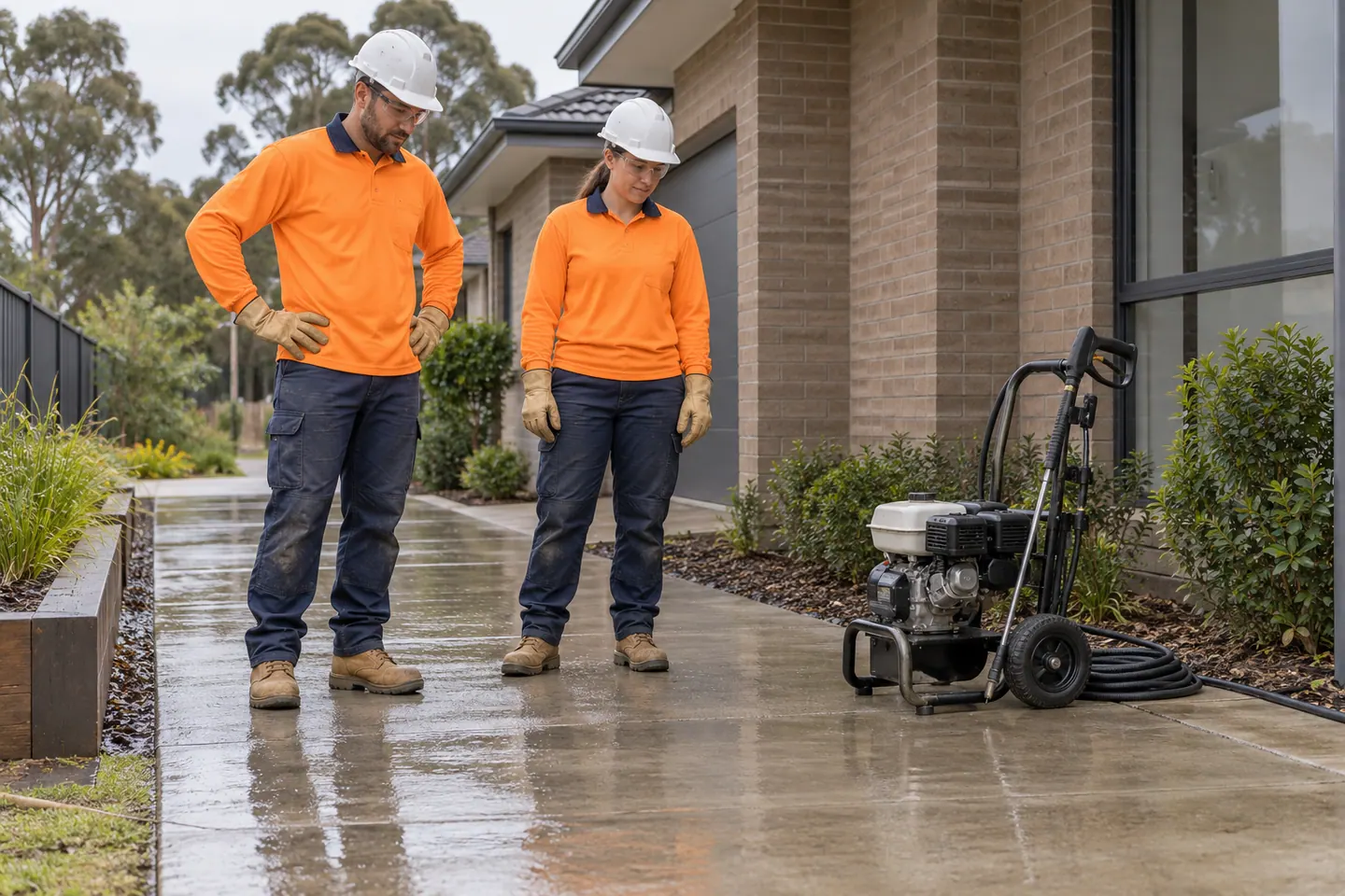 A cleaner plans high pressure water cleaner at a paused work area.