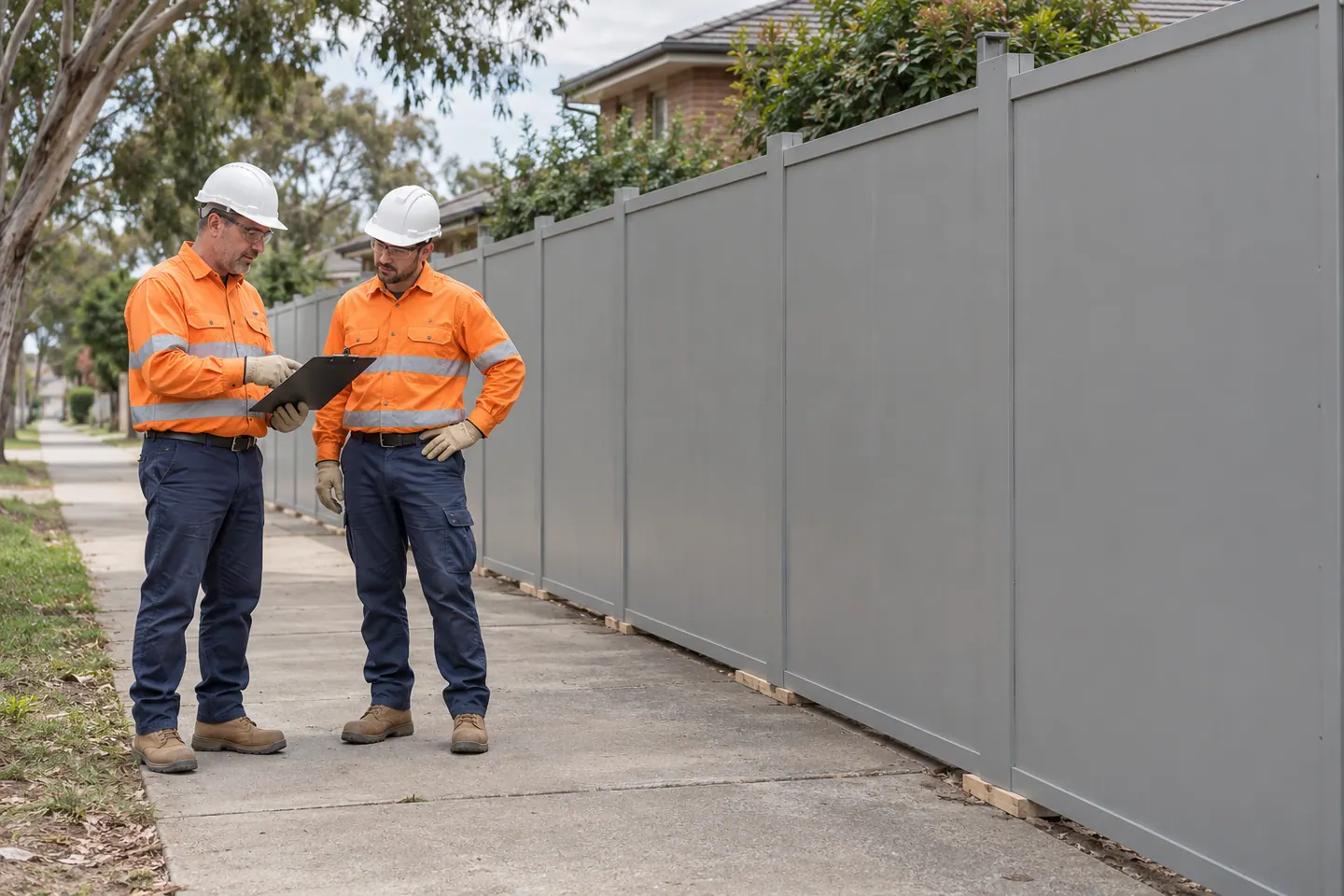 A site supervisor plans hoarding installation removal at a paused work area.