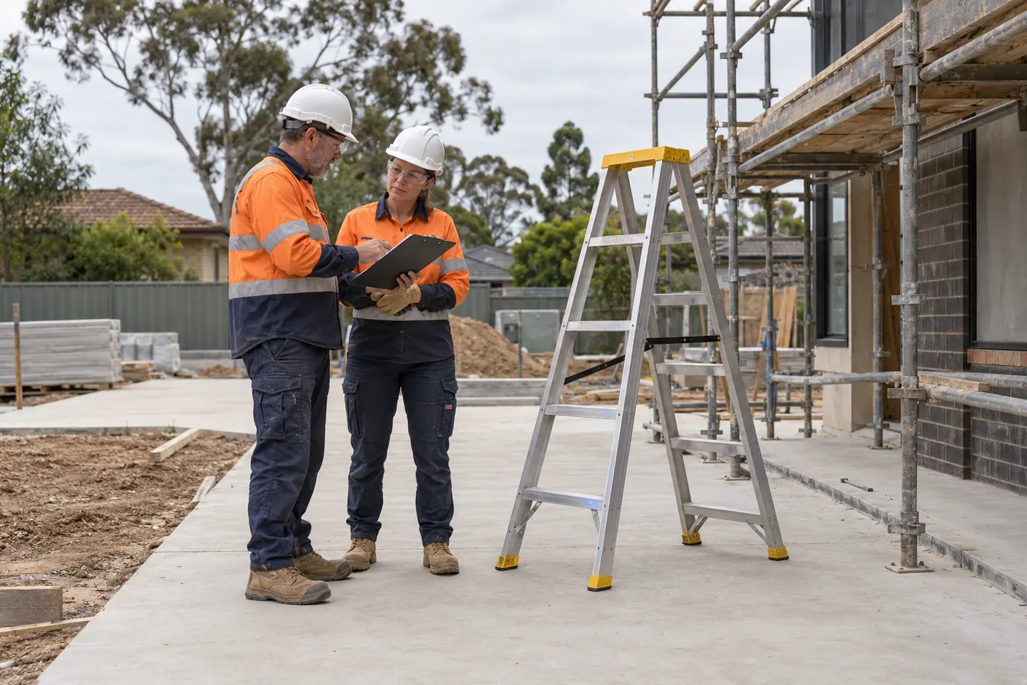 Two workers plan ladder work beside an unused A-frame stepladder.