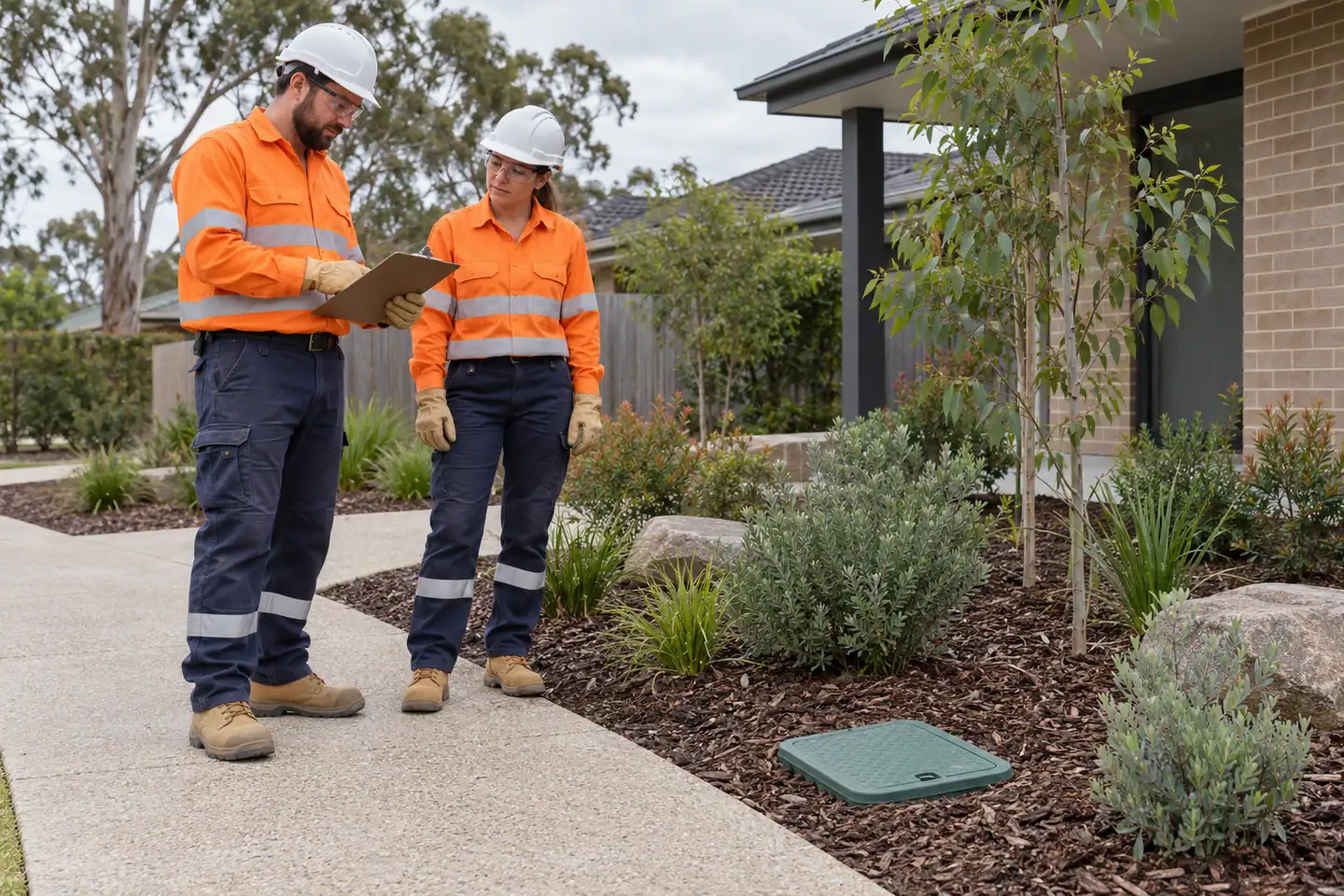 A landscaper plans landscaping irrigation at a paused work area.