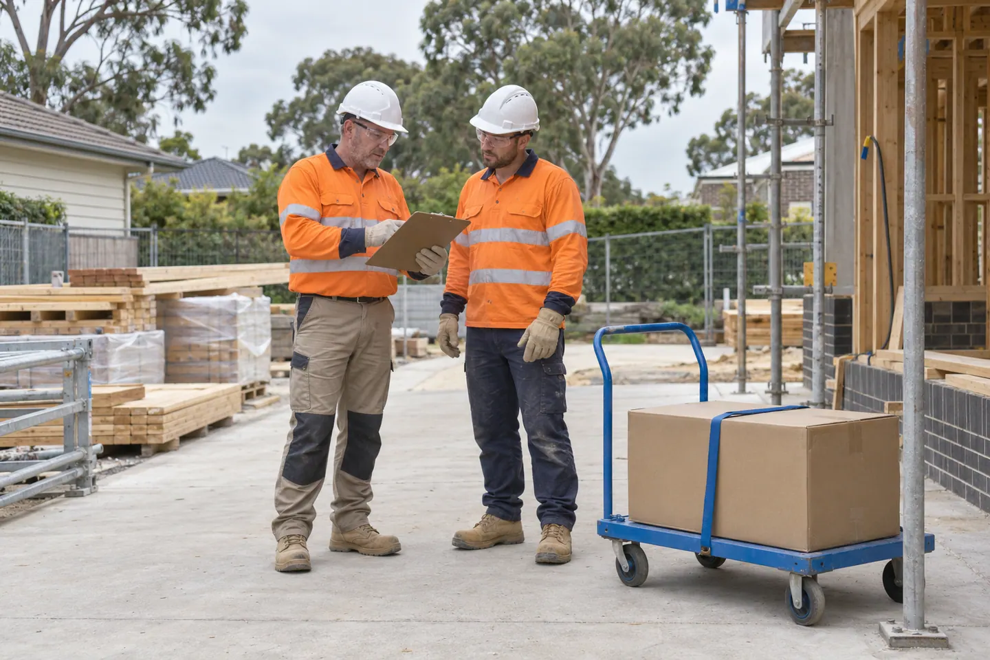 A site supervisor plans manual handling at a paused work area.