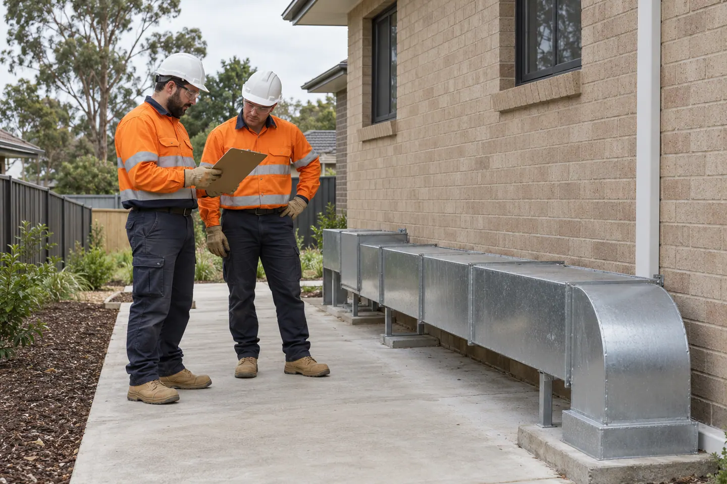 Two fictional mechanical technicians review a clipboard beside enclosed ductwork.