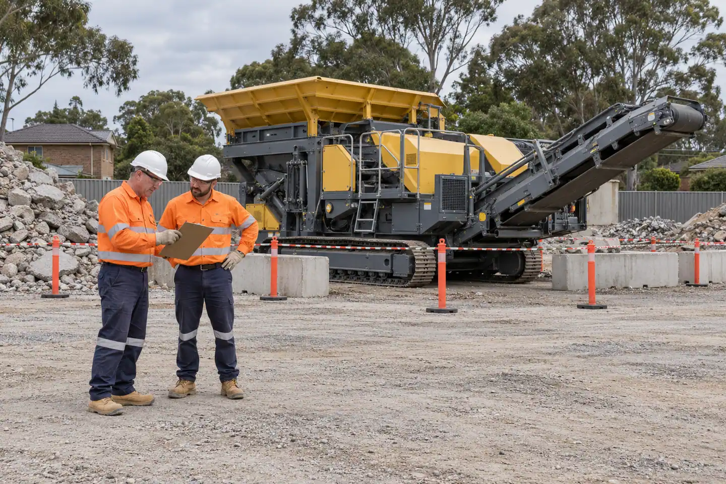 A plant supervisor plans mobile concrete crusher at a paused work area.