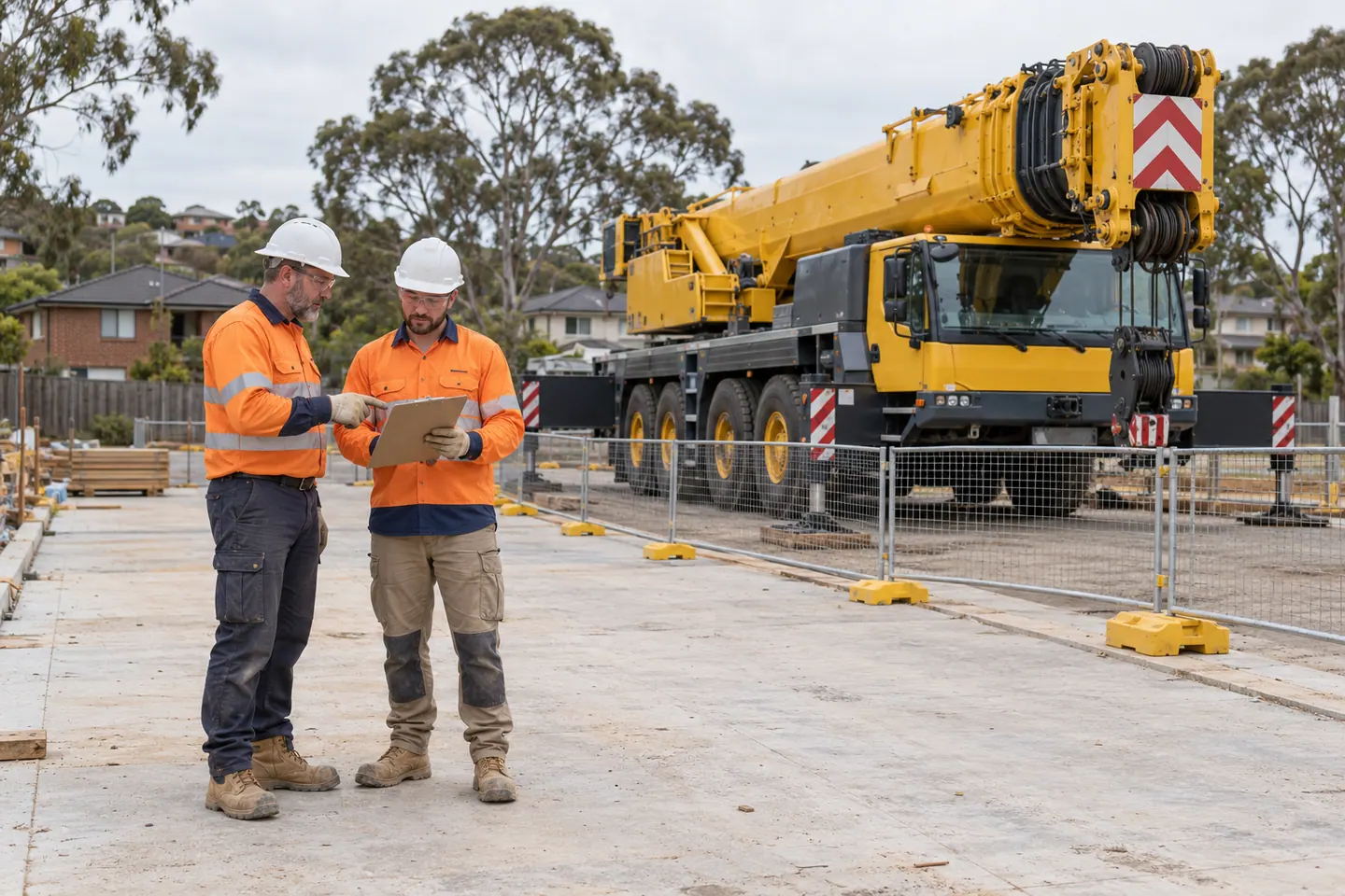 A lifting supervisor plans mobile crane at a paused work area.