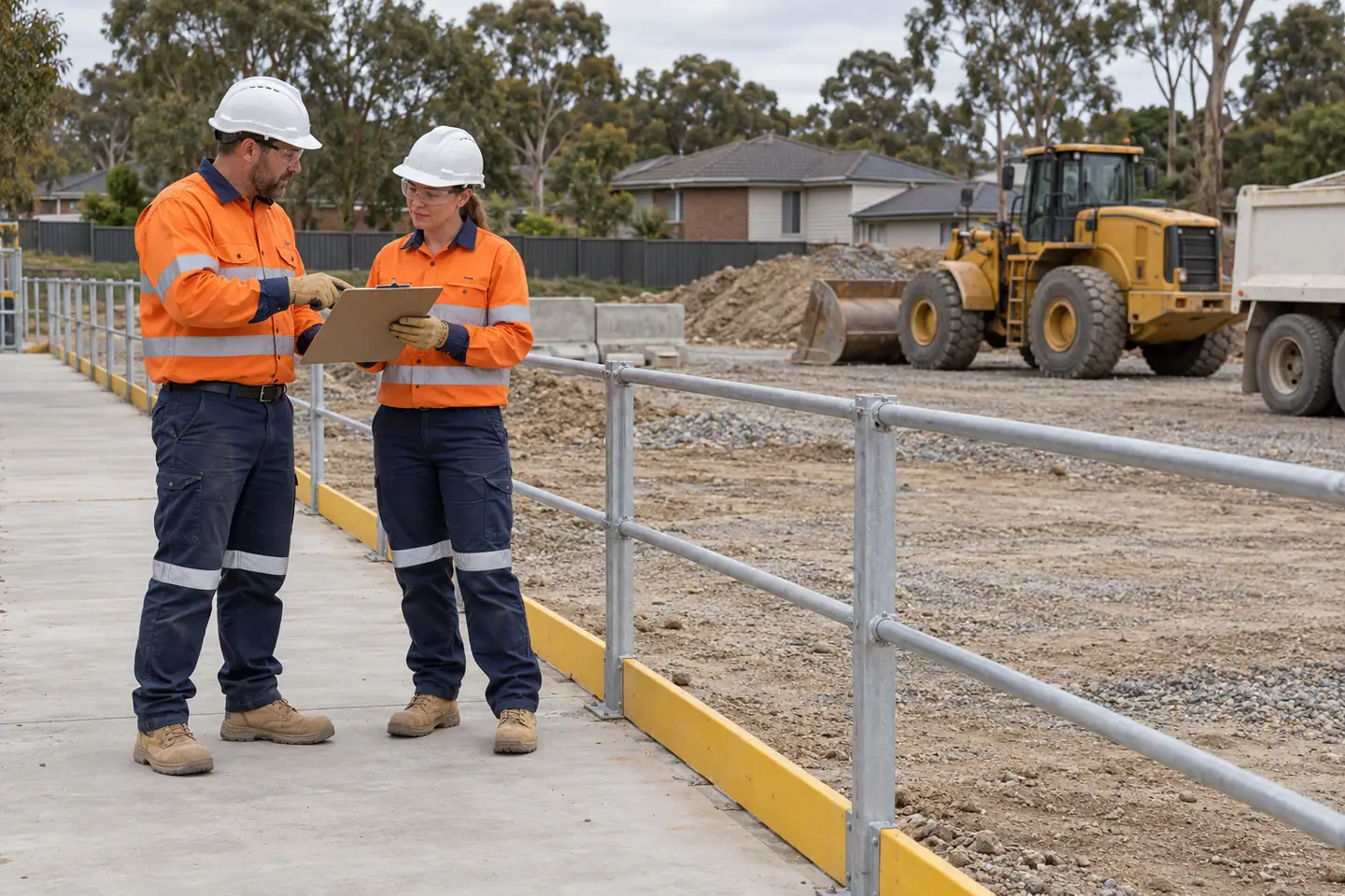 Two workers review a clipboard behind a barrier beside parked plant.