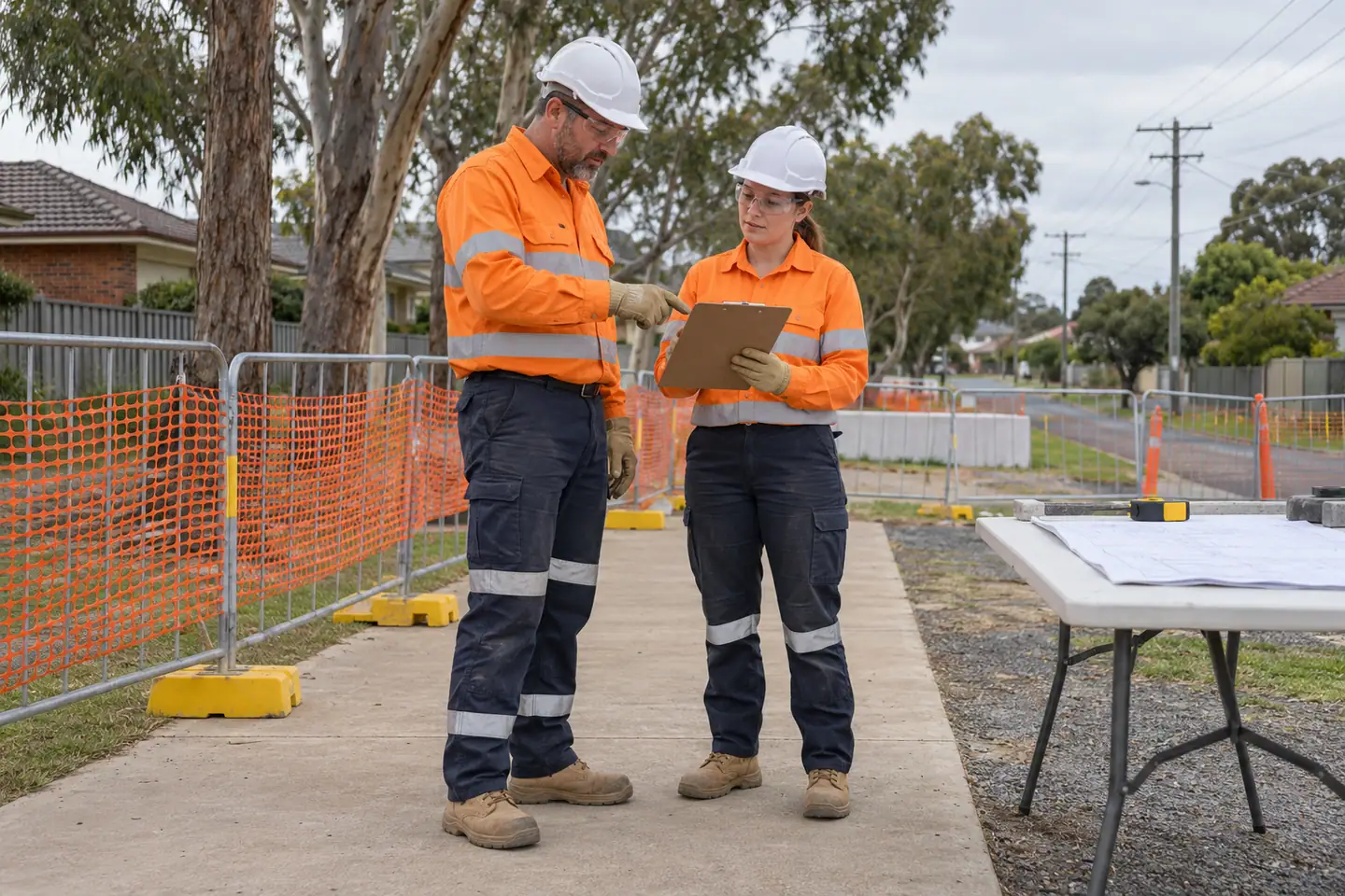 A utilities supervisor plans overhead electric lines working near at a paused work area.