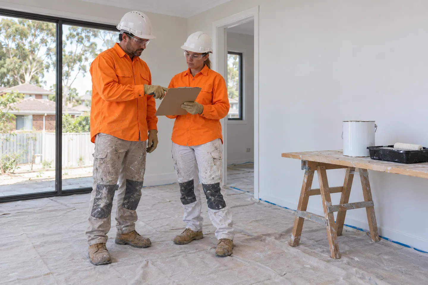 A painter plans painting and decorating at a paused work area.