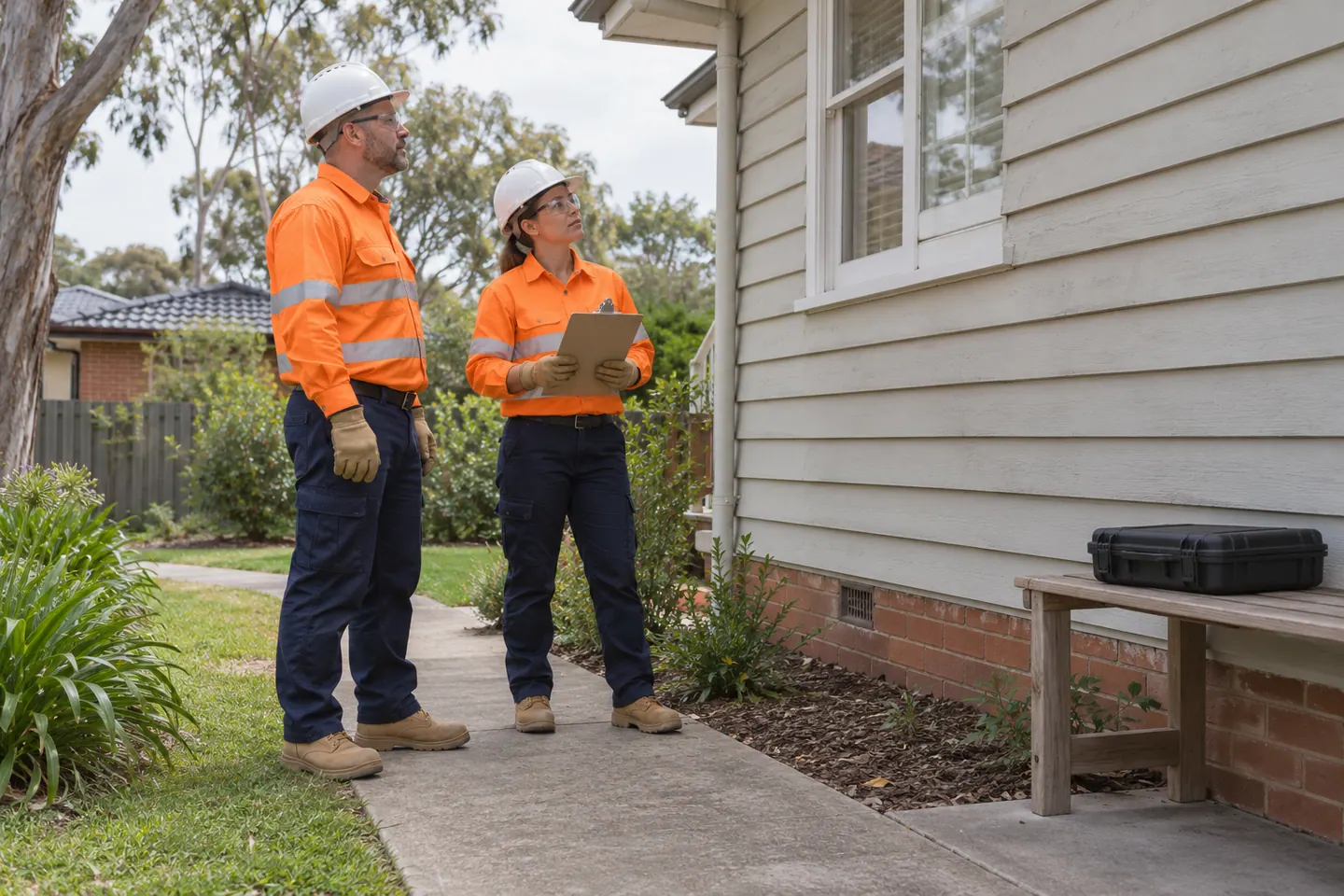 A pest inspector plans pest control at a paused work area.