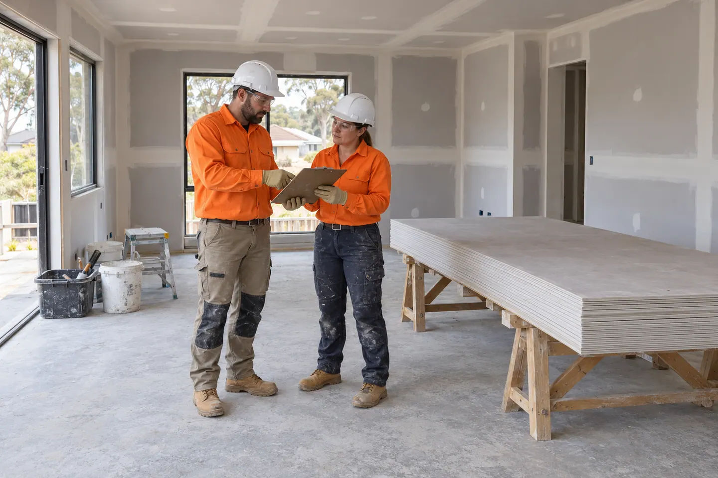 A plasterer plans plasterboard at a paused work area.