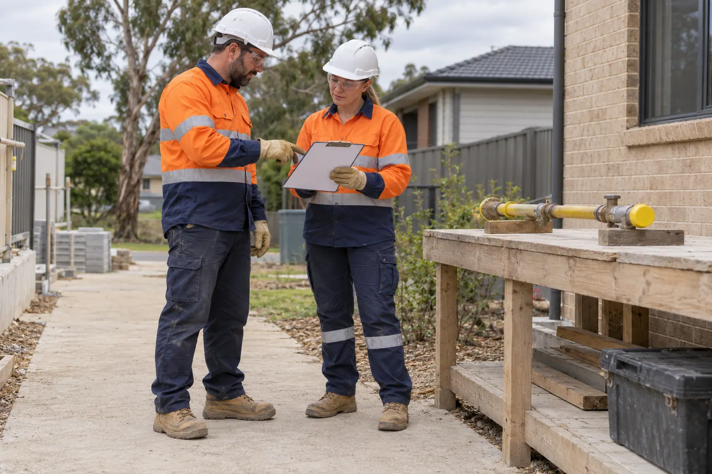 A plumber plans plumbing gas fitting at a paused work area.