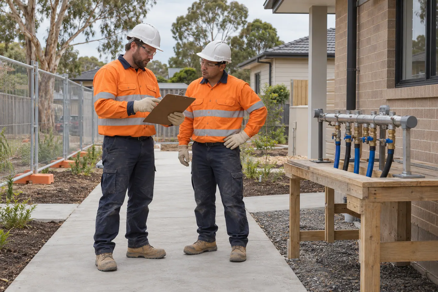 Two workers review a clipboard beside a temporary-service manifold.