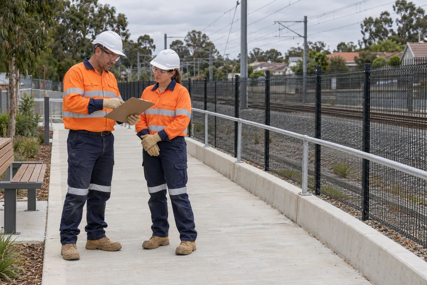 Two rail supervisors discuss a clipboard outside a boundary fence.