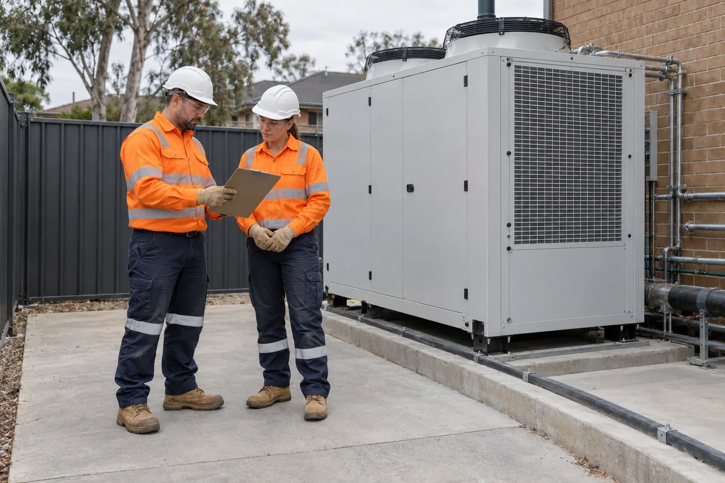 Two refrigeration workers review a clipboard beside an enclosed cabinet.