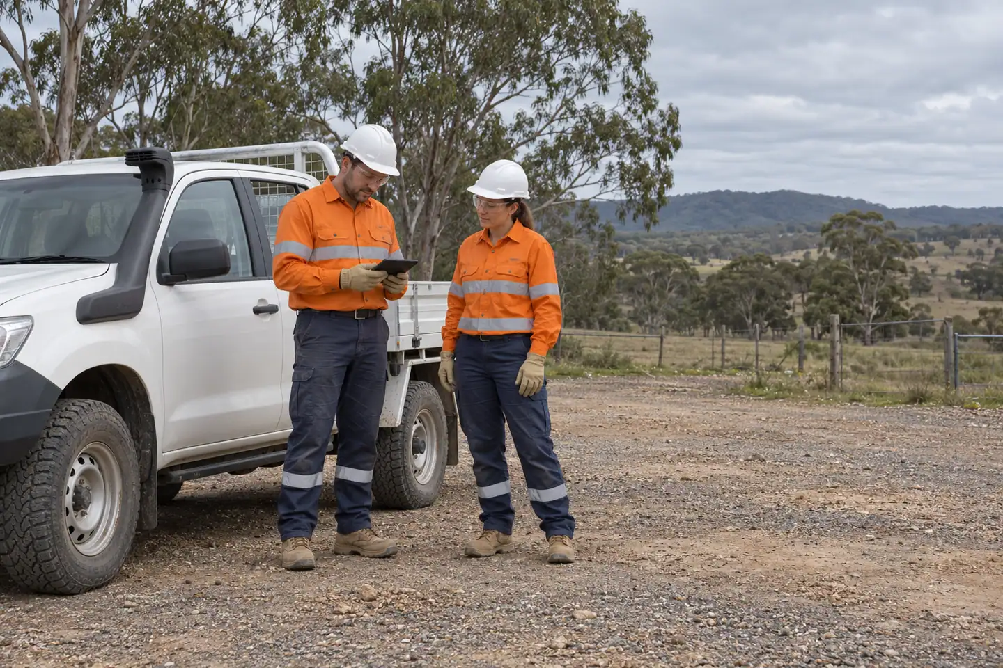 Two field workers pause beside a parked utility vehicle with a communication device.