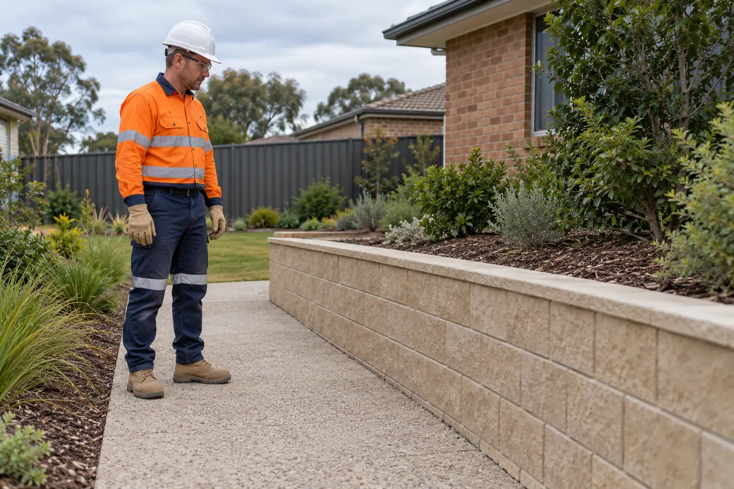 A worker inspects a completed low masonry retaining wall from a clear garden path.