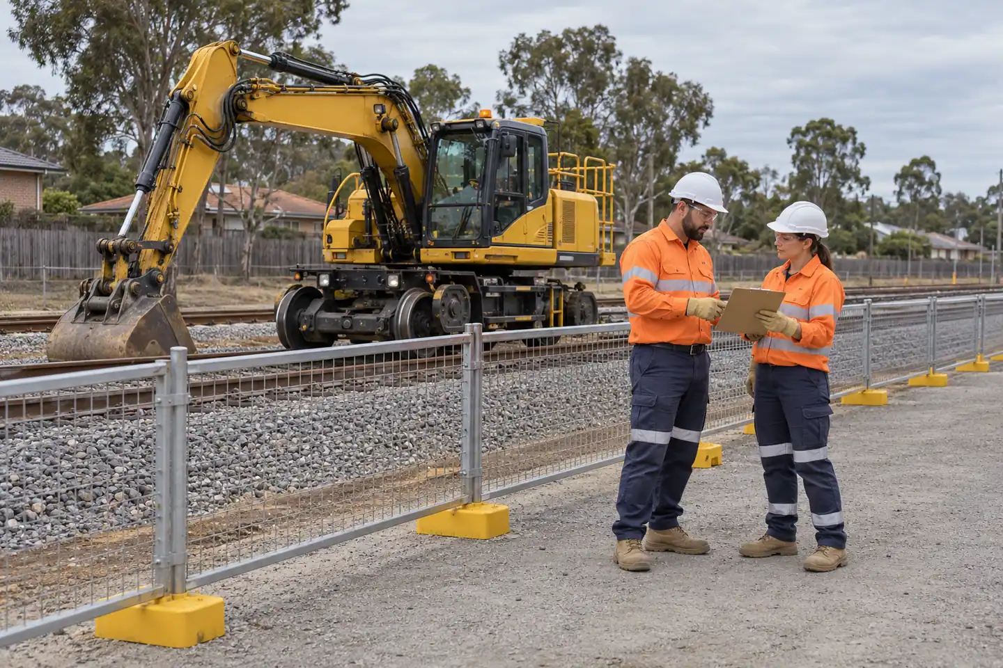 Two workers plan rail excavation beside a separated excavator on railway tracks.