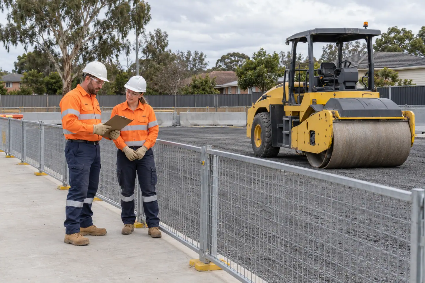 Two workers review a clipboard beside a barrier-separated unoccupied roller.