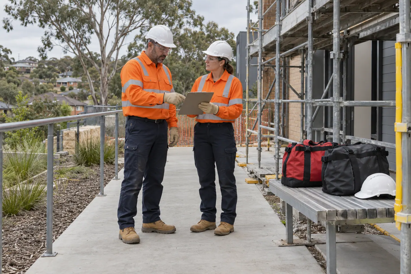 Two workers review a clipboard beside closed equipment bags and a helmet.