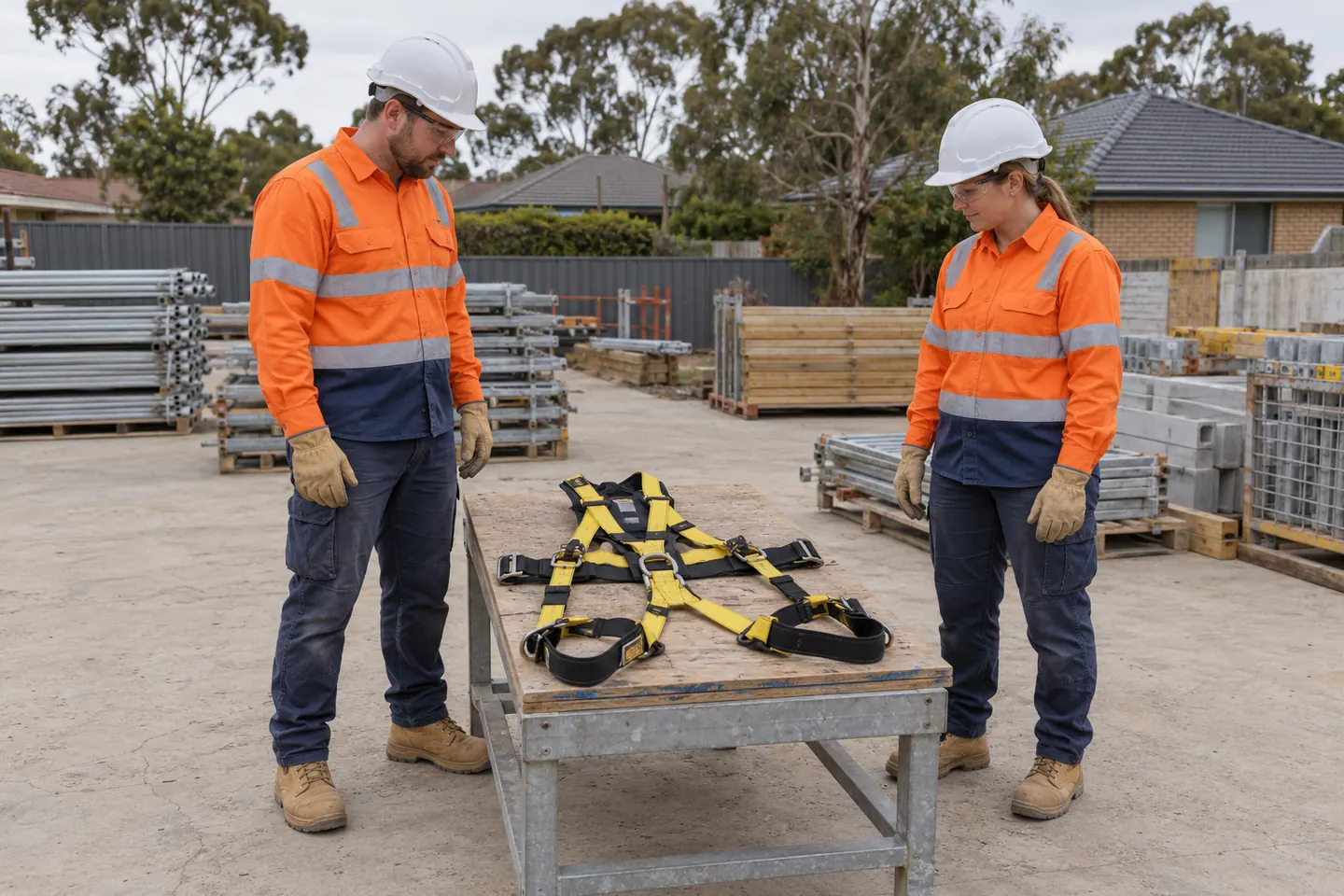 Two workers look at an unused full-body harness laid flat on a side bench.