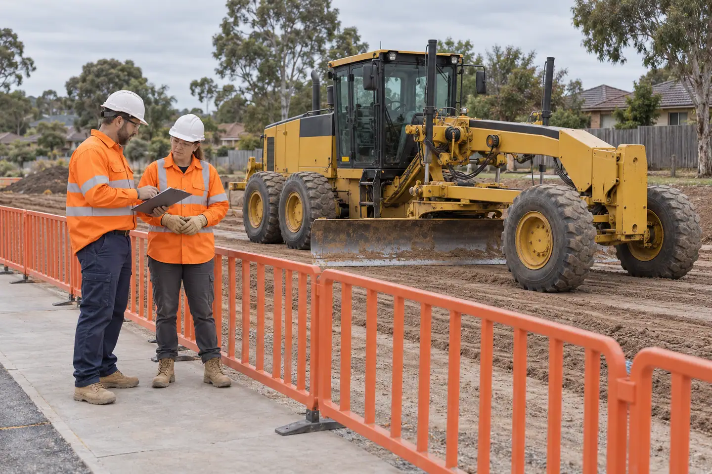 A plant operator plans scraper dozer grader at a paused work area.