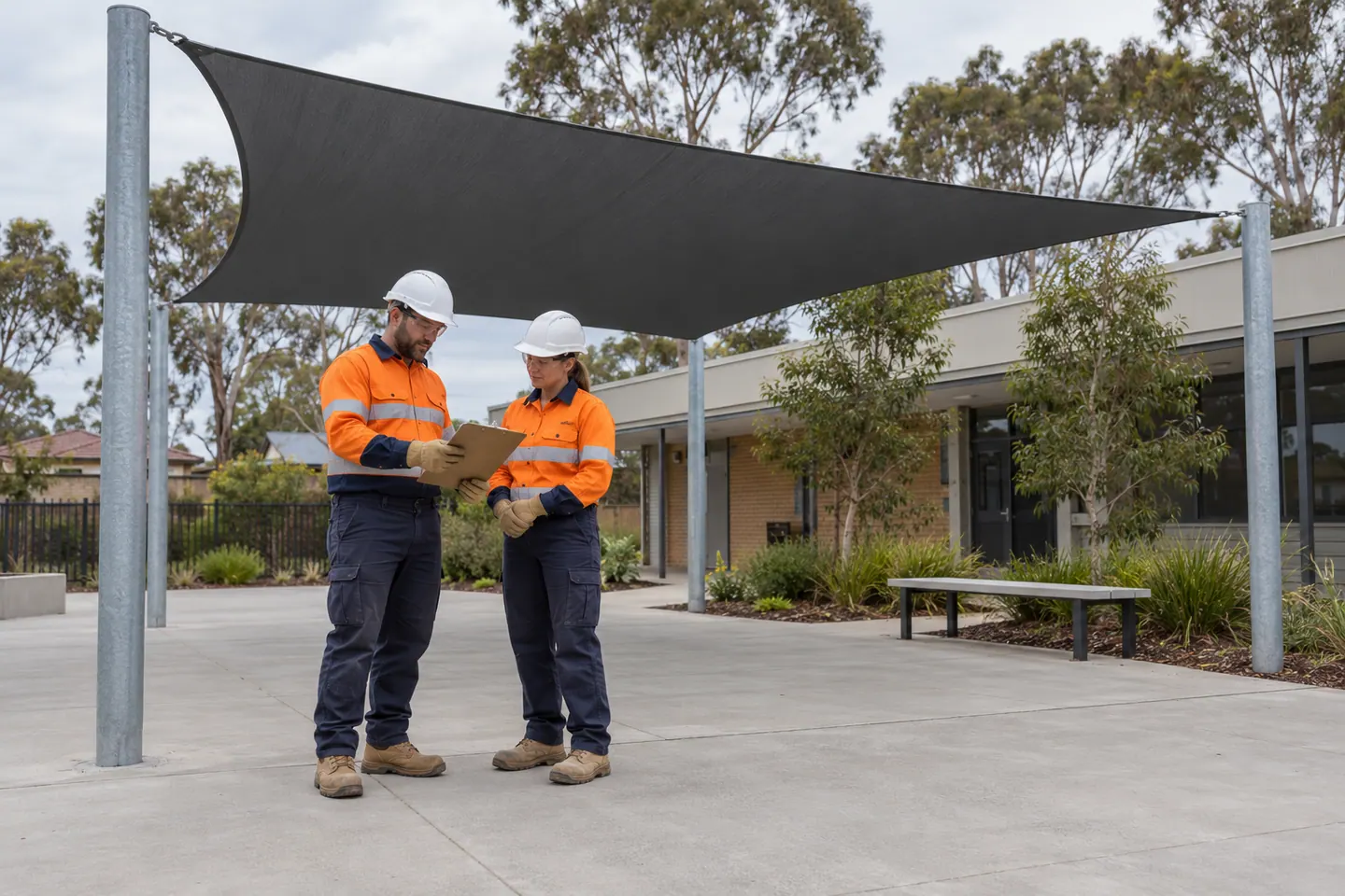 An installer plans shade sail installation at a paused work area.