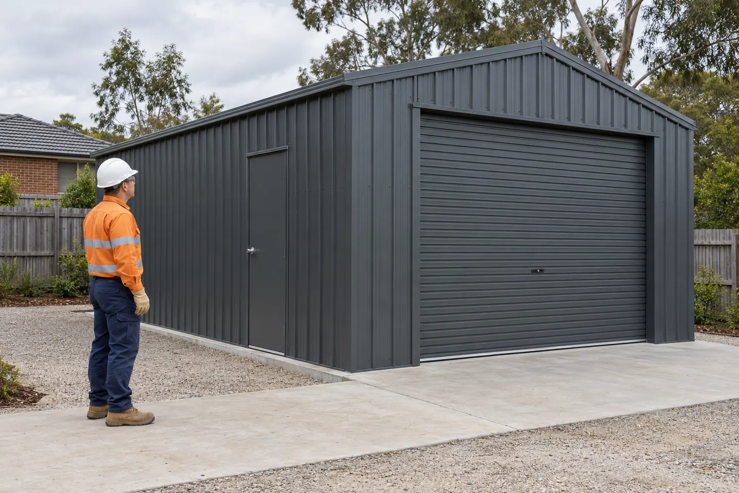A worker inspects a completed steel shed from a clear concrete path.
