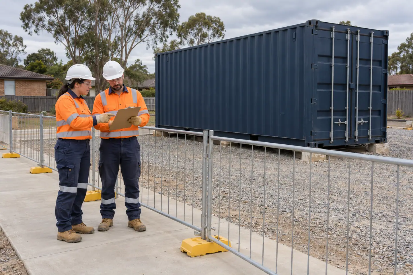 Two fictional logistics workers review a clipboard beside a closed shipping container.