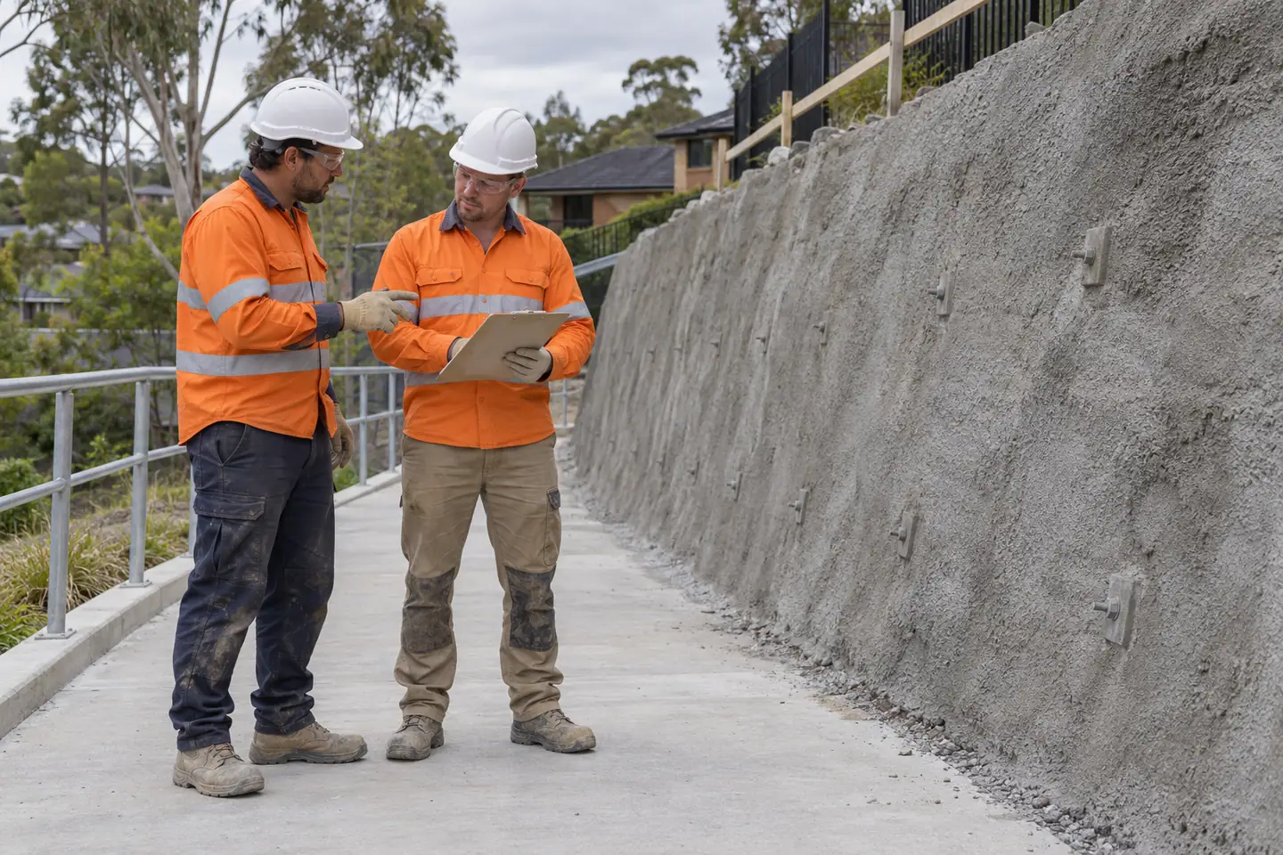 A concreting supervisor plans shotcrete at a paused work area.